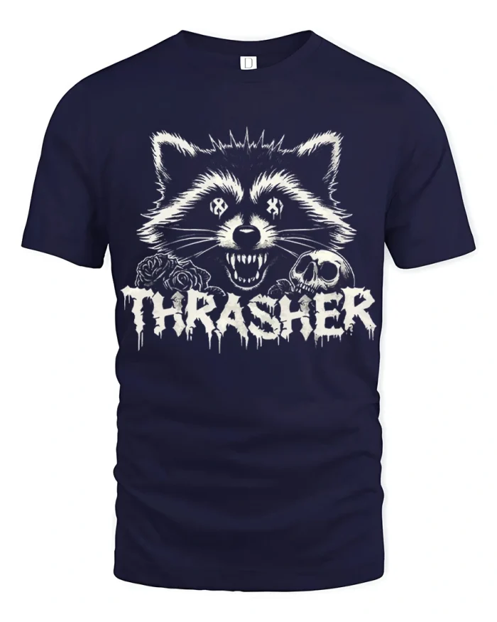 Trasher Raccoon Skull Graphic Tee Dark Gothic Street Tshirt - navy t-shirt on white background