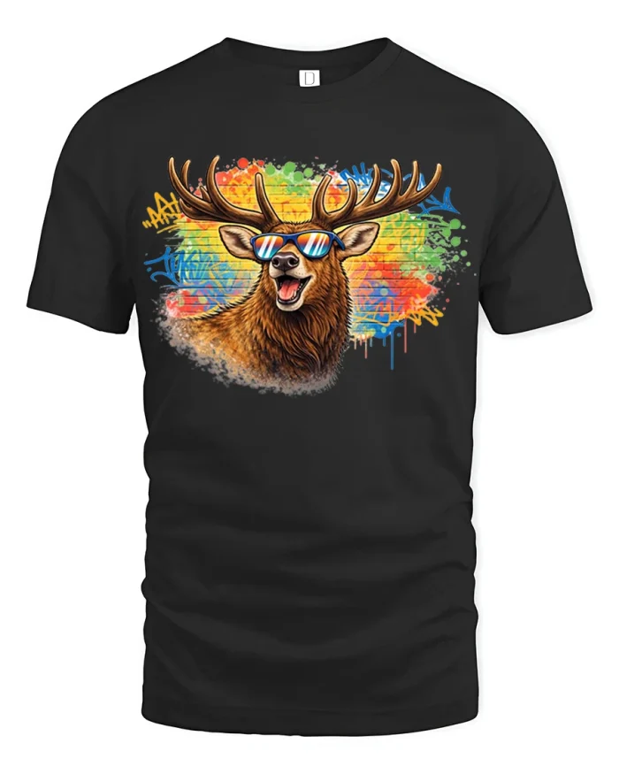 Cool Deer With Sunglasses Graphic T Shirt Funny Wildlife Tee - black t-shirt on white background