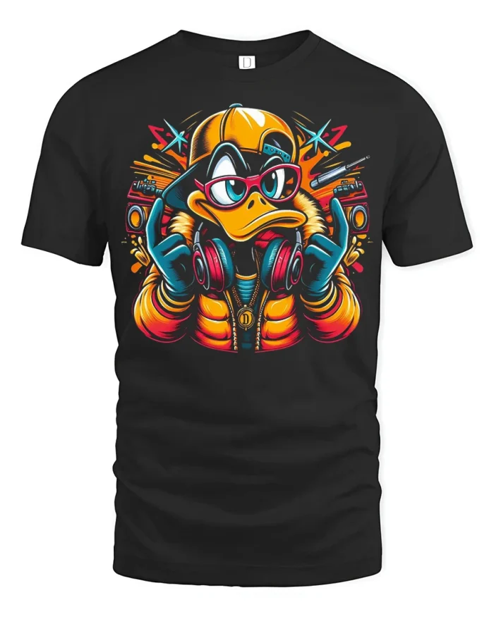 Cool DJ Duck Graphic Tee Hip Hop Street Style Fun Tshirt - black t-shirt on white background