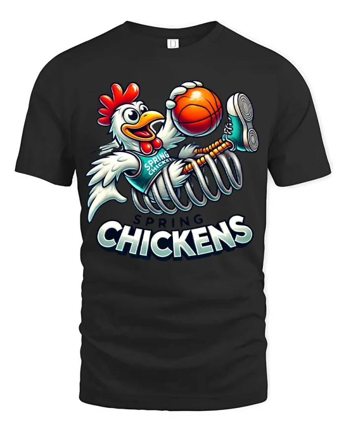 Spring Chickens Basketball Graphic Tee Funny Sports Tshirt - black t-shirt on white background