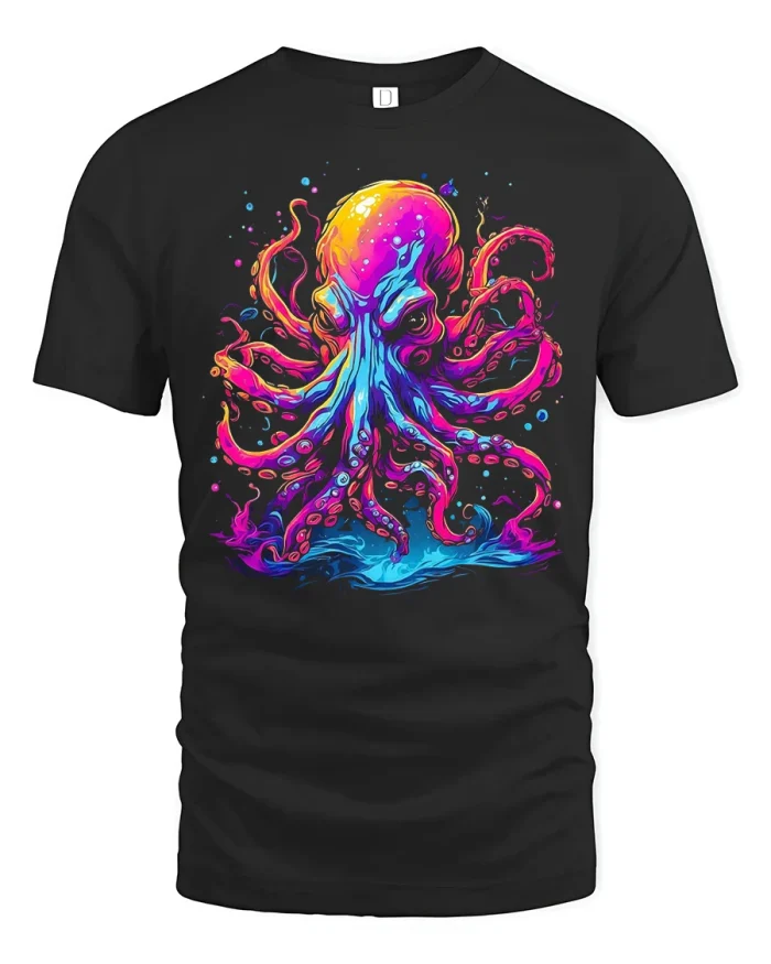 Neon Octopus Graphic Tee Color Splash Ocean Art Tshirt - black t-shirt on white background