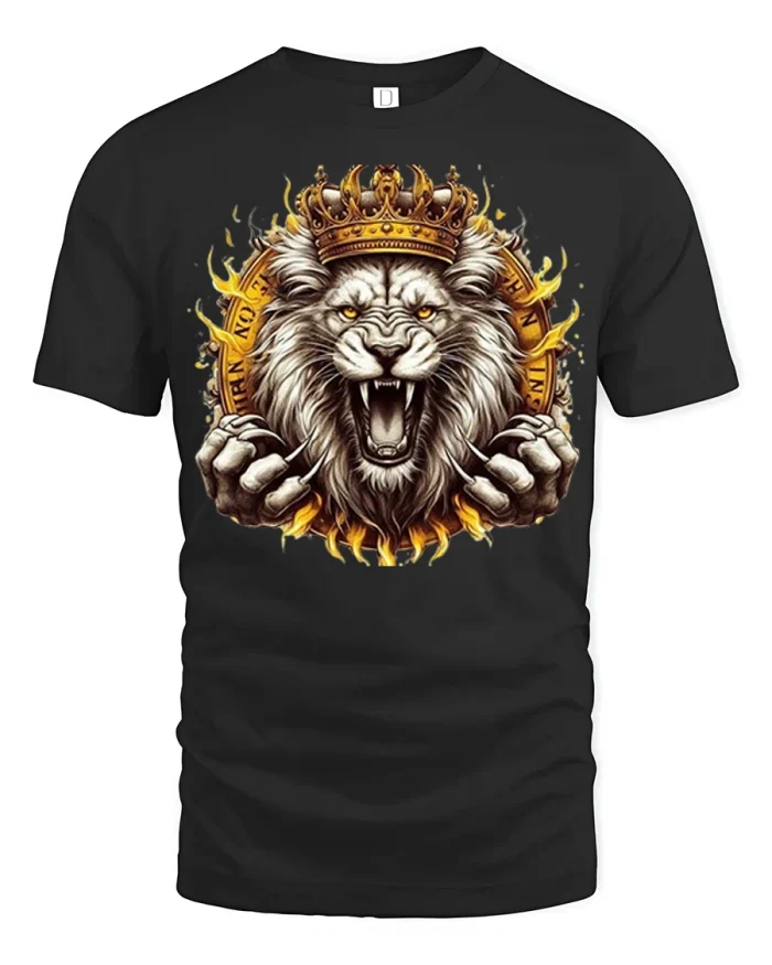 Crowned Roaring Lion Graphic T Shirt Bold King Beast Tee - black t-shirt on white background