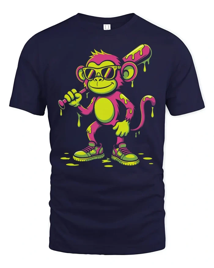 Neon Monkey With Bat Graphic T Shirt Cool Street Art Tee - navy t-shirt on white background