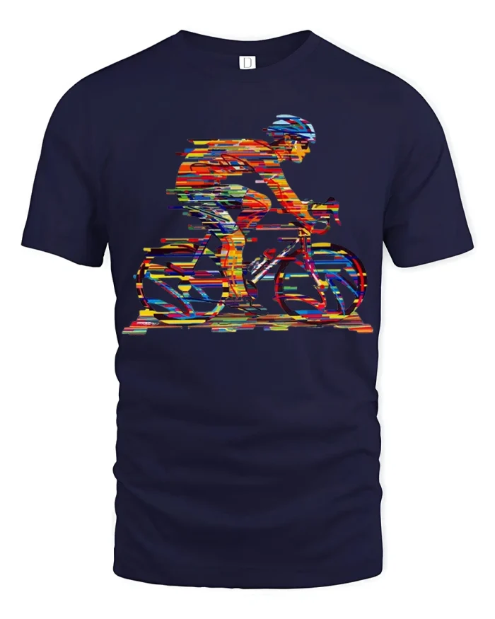 Colorful Cyclist Graphic T Shirt Retro Bike Rider Art Tee - navy t-shirt on white background