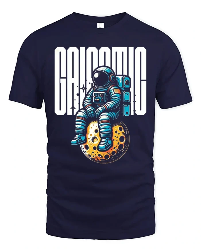 Galaxy Astronaut Sitting Moon Graphic T Shirt Space Dream Tee - navy t-shirt on white background