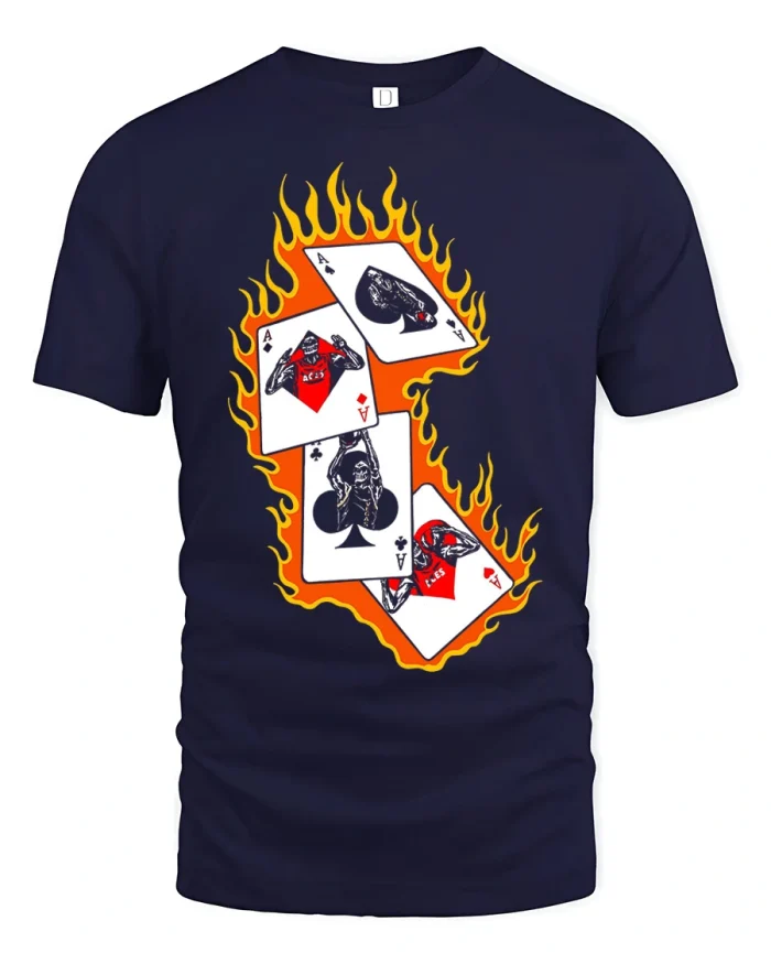 Flaming Ace Cards Graphic T Shirt Bold Poker Casino Tee - navy t-shirt on white background