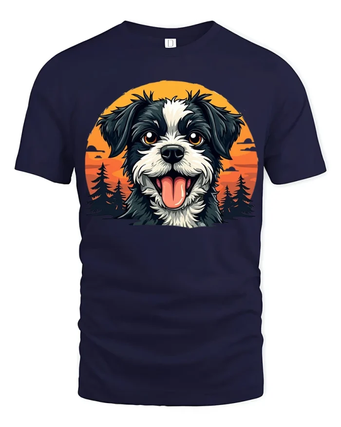 Cute Happy Dog Graphic T Shirt Sunset Puppy Lover Tee - navy t-shirt on white background