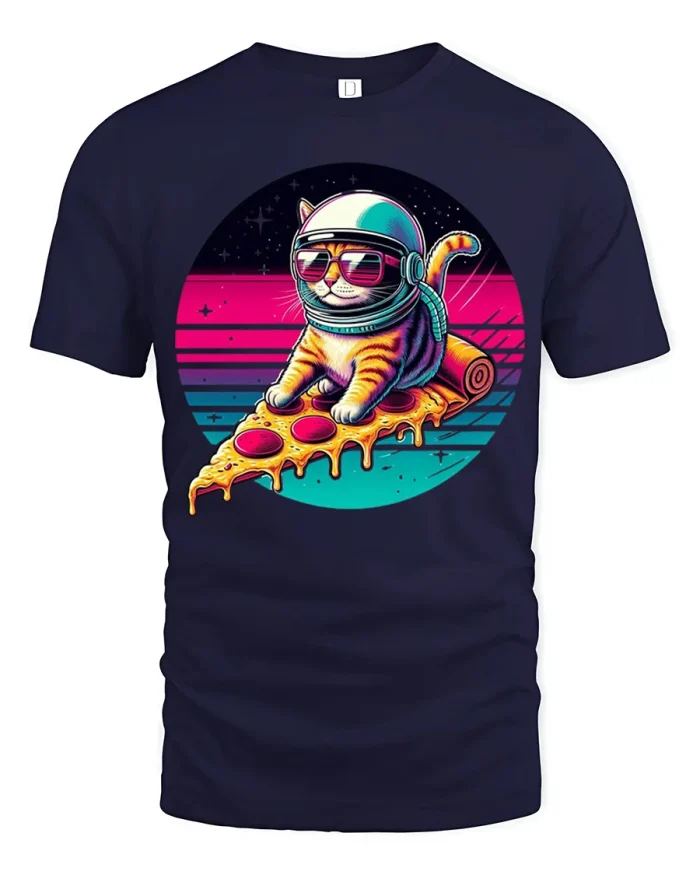 Space Cat Riding Pizza Graphic T Shirt Funny Cosmic Tee - navy t-shirt on white background