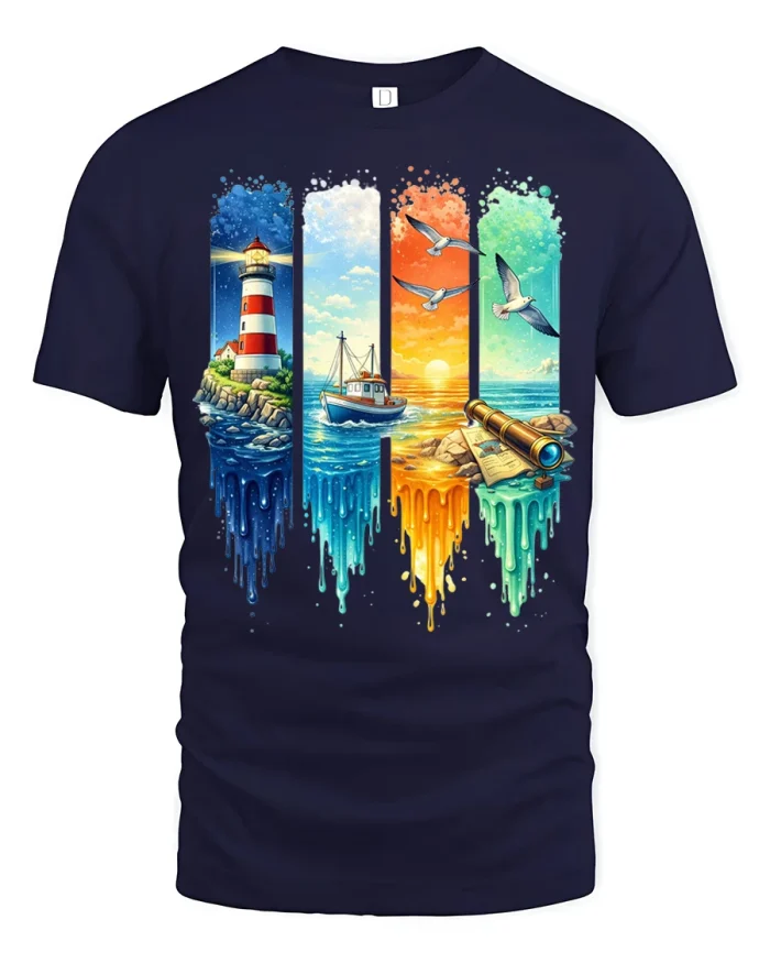 Coastal Lighthouse Ocean Graphic T Shirt Nautical Sunset Tee - navy t-shirt on white background