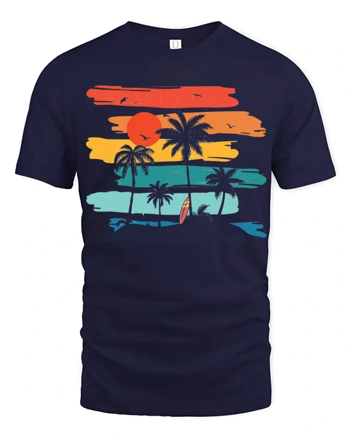 Retro Tropical Sunset Palm Trees Graphic T Shirt Beach Tee - navy t-shirt on white background