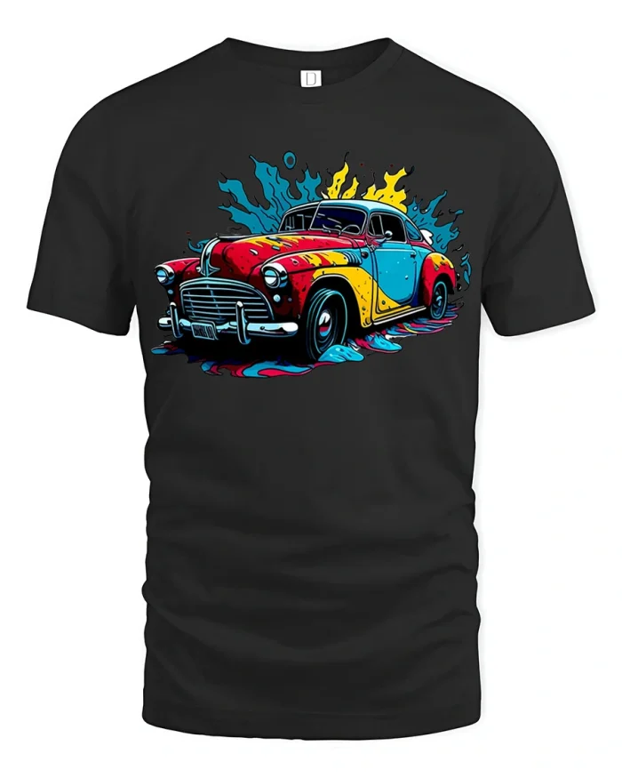 Vintage Color Splash Classic Car Graphic T Shirt Retro Ride Tee - black t-shirt on white background