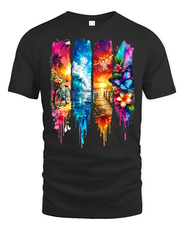 Tropical Sunset Wave Butterfly Paradise Art Graphic T Shirt - black t-shirt on white background