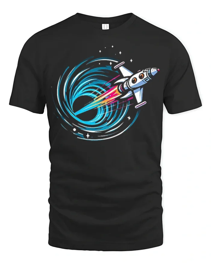 Rocket Into Black Hole Graphic T Shirt Space Adventure Tee - black t-shirt on white background