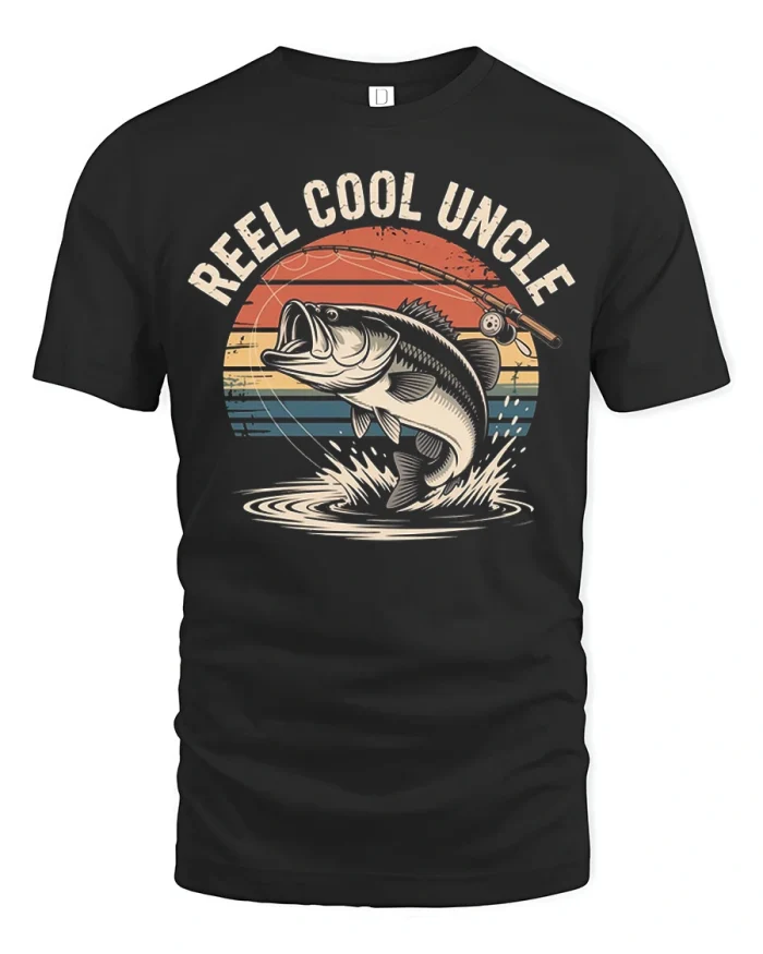 Reel Cool Uncle Fishing Bass Vintage Sunset Graphic T Shirt - black t-shirt on white background