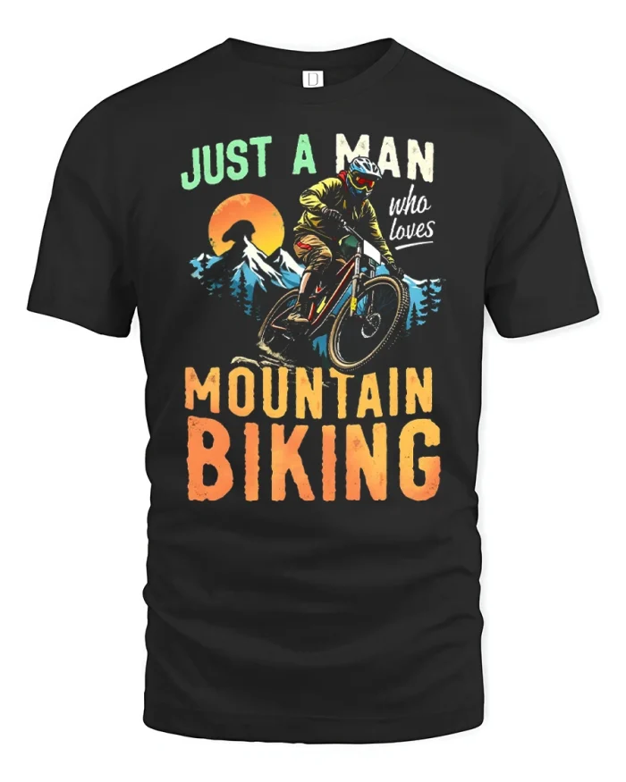 Just A Man Who Loves Mountain Biking Retro Adventure T Shirt - black t-shirt on white background