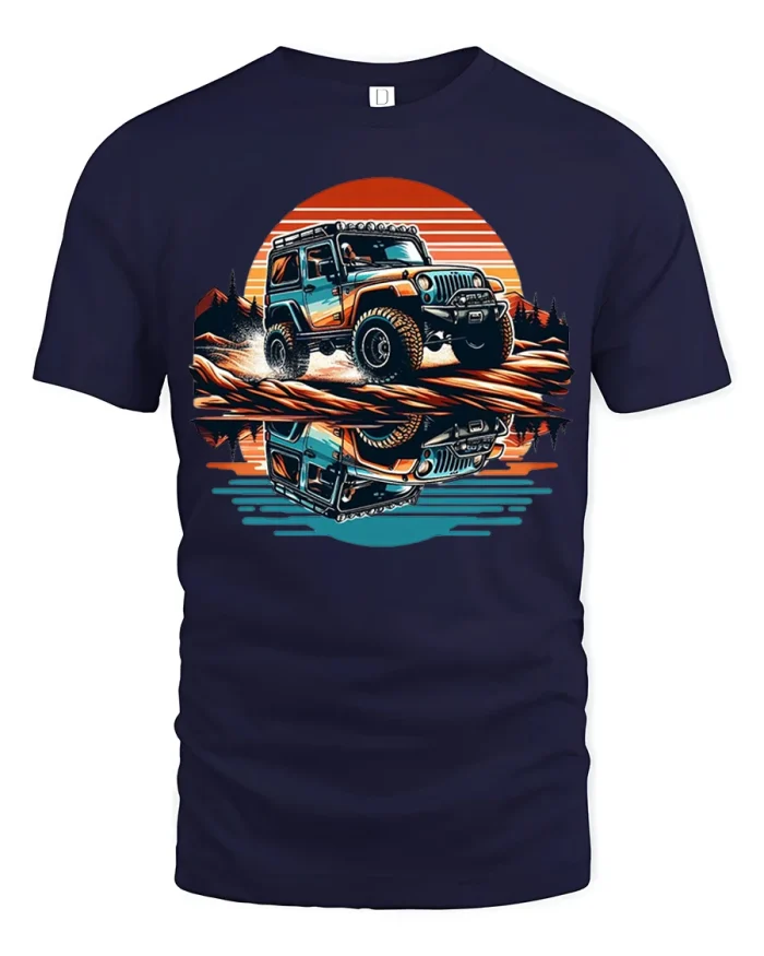 Retro Off Road Jeep Sunset Reflection Adventure Graphic T Shirt - navy t-shirt on white background