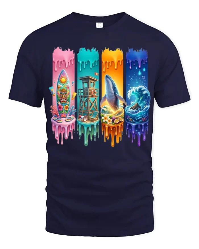 Tropical Beach Whale Wave Summer Paradise Graphic T Shirt - navy t-shirt on white background
