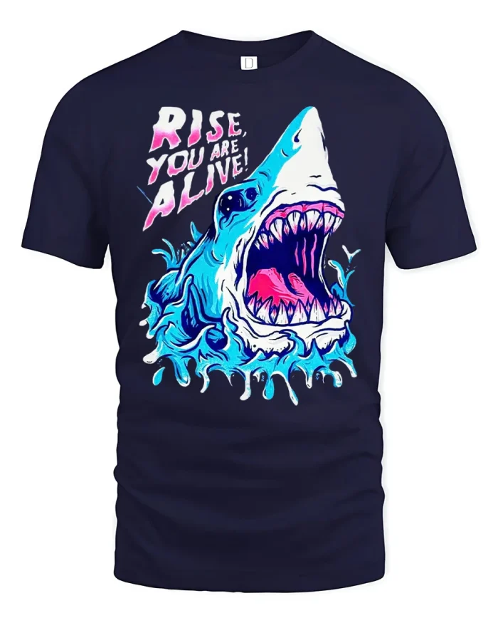 Rise You Are Alive Shark Splash Graphic T Shirt Streetwear - navy t-shirt on white background