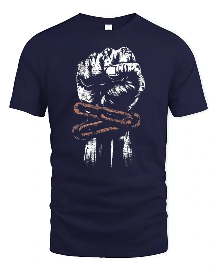 Bound Fist Freedom Symbol Graphic Protest Statement T Shirt - navy t-shirt on white background