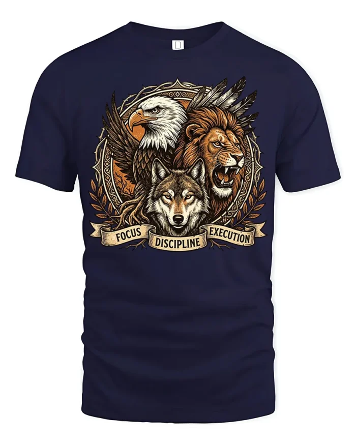 Focus Discipline Execution Wolf Lion Eagle Graphic T Shirt - navy t-shirt on white background