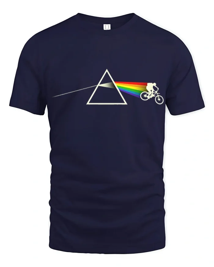 Rainbow Prism Cycling Graphic Retro Bicycle Music T Shirt - navy t-shirt on white background