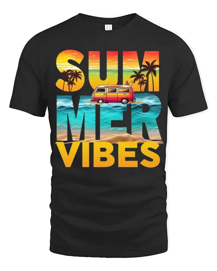 Summer Vibes Beach Van Graphic T Shirt Tropical Sunset Tee - black t-shirt on white background