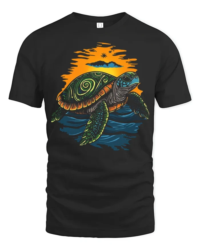 Sea Turtle Sunset Ocean Graphic T Shirt Coastal Style Tee - black t-shirt on white background