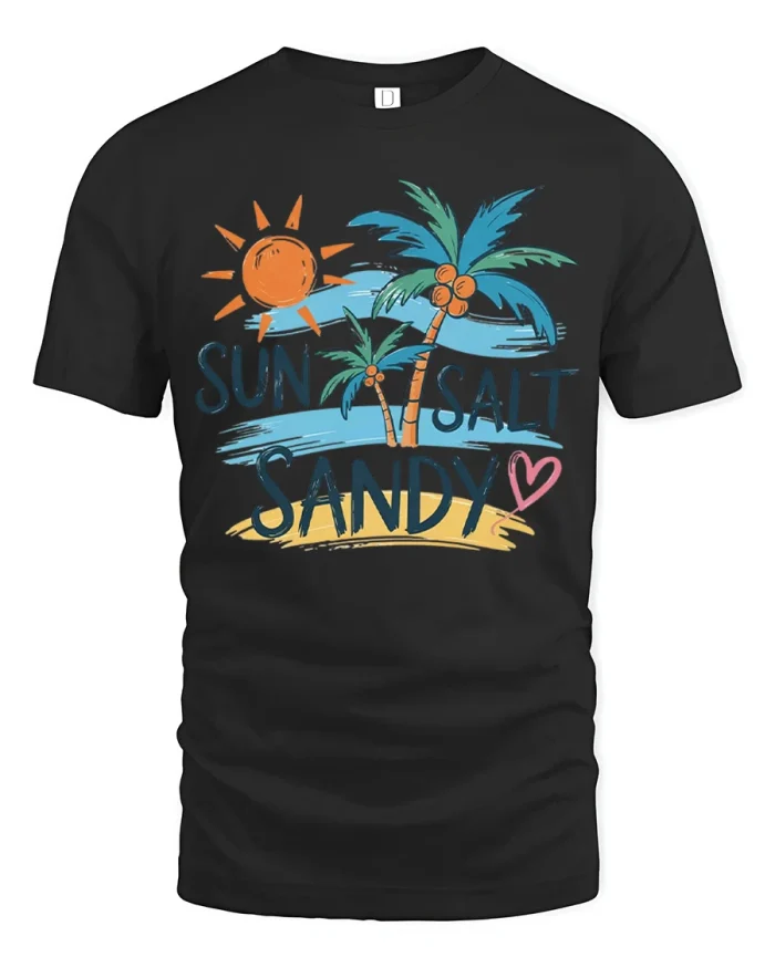 Sun Salt Sandy Beach Graphic T Shirt Tropical Vacation Tee - black t-shirt on white background