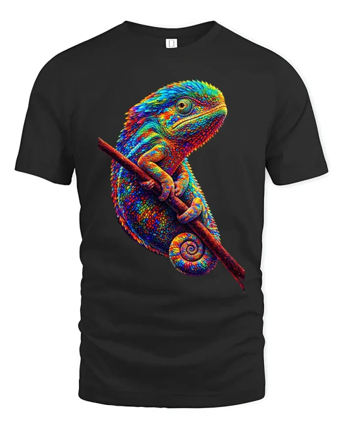 Colorful Chameleon Graphic Tee Vibrant Reptile Art Tshirt - black t-shirt on white background