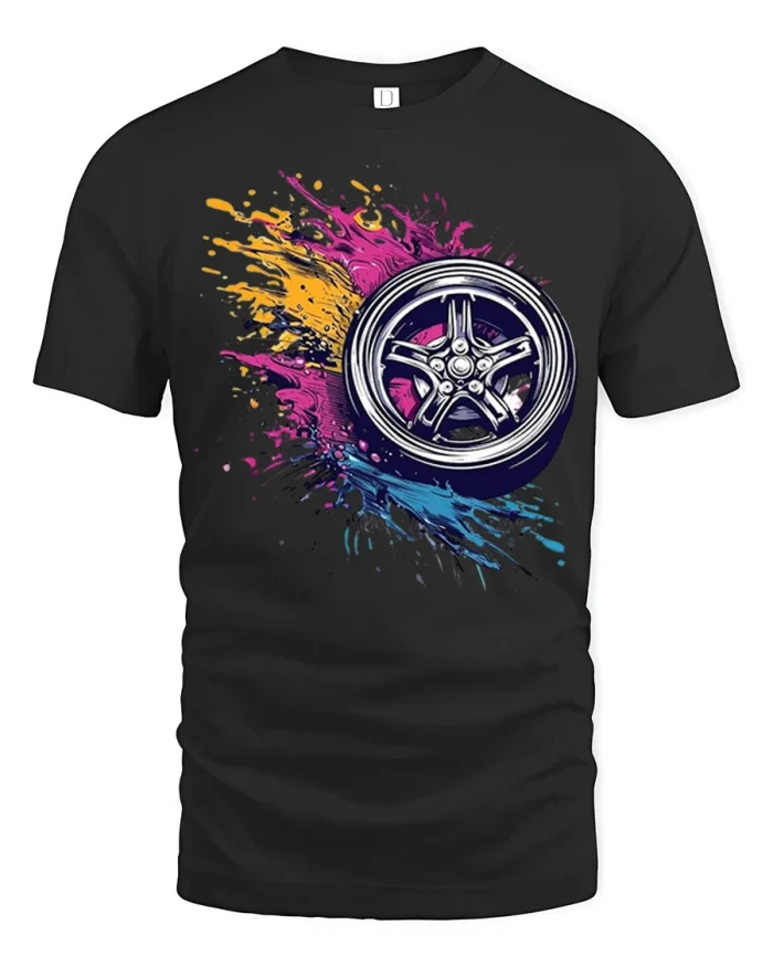 Color Splash Wheel Graphic T Shirt Street Style Car Tee - black t-shirt on white background