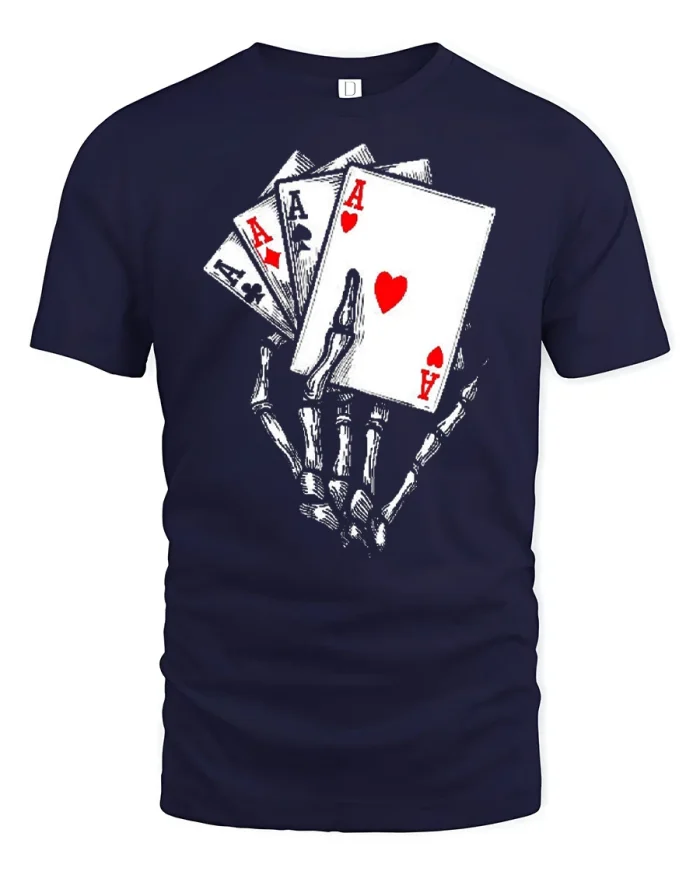 Skeleton Hand Holding Aces Poker Graphic T Shirt Cool Tee - navy t-shirt on white background