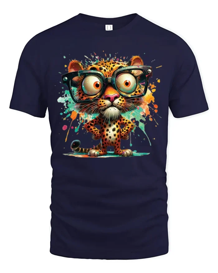 Funny Nerd Leopard Graphic T Shirt Cute Big Glasses Animal Tee - navy t-shirt on white background
