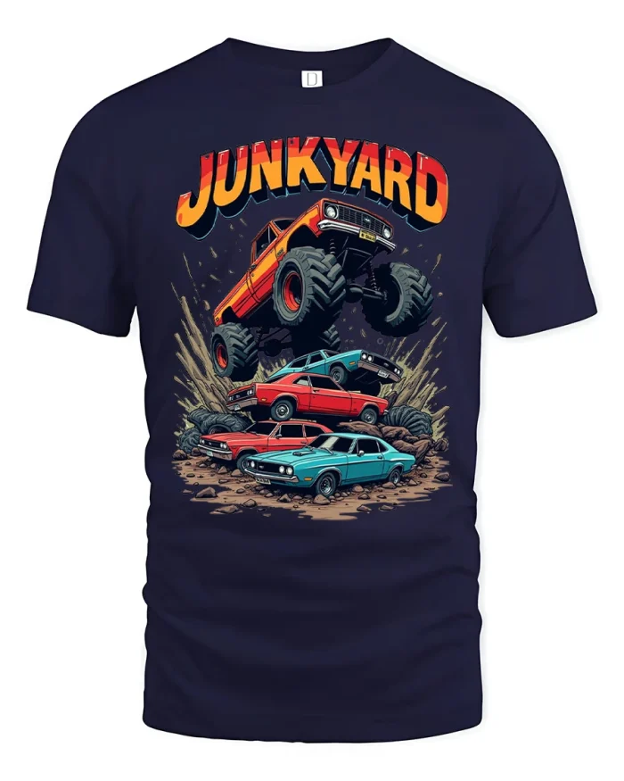 Junkyard Monster Truck Graphic T Shirt Vintage Car Lover Tee - navy t-shirt on white background
