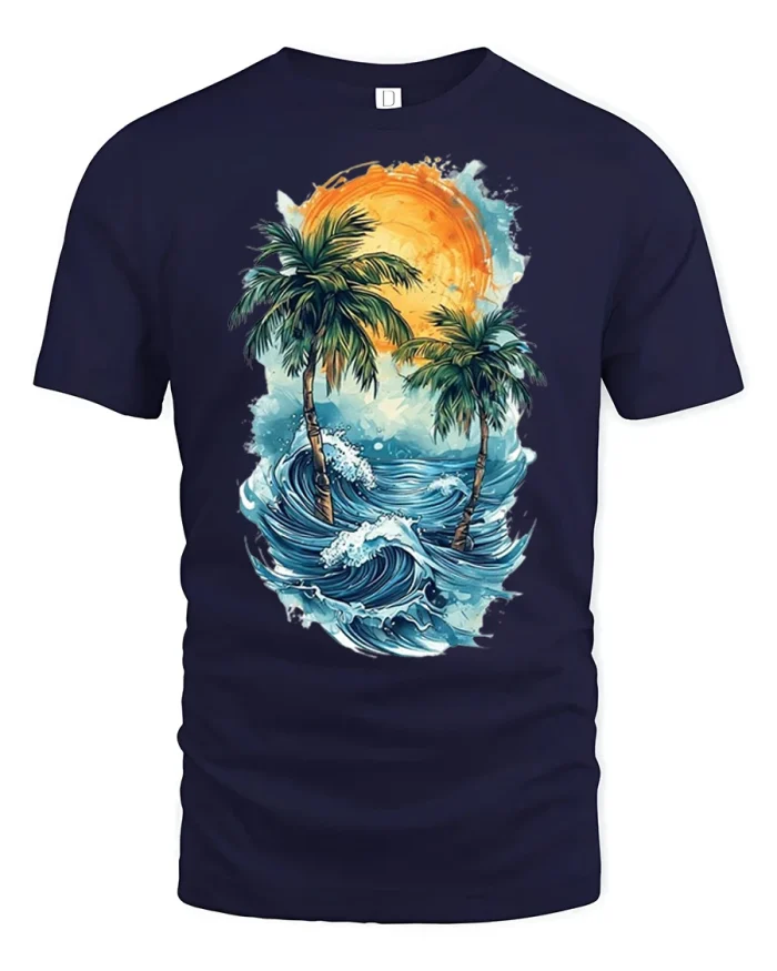 Tropical Ocean Wave Palm Tree Graphic T Shirt Summer Beach Tee - navy t-shirt on white background