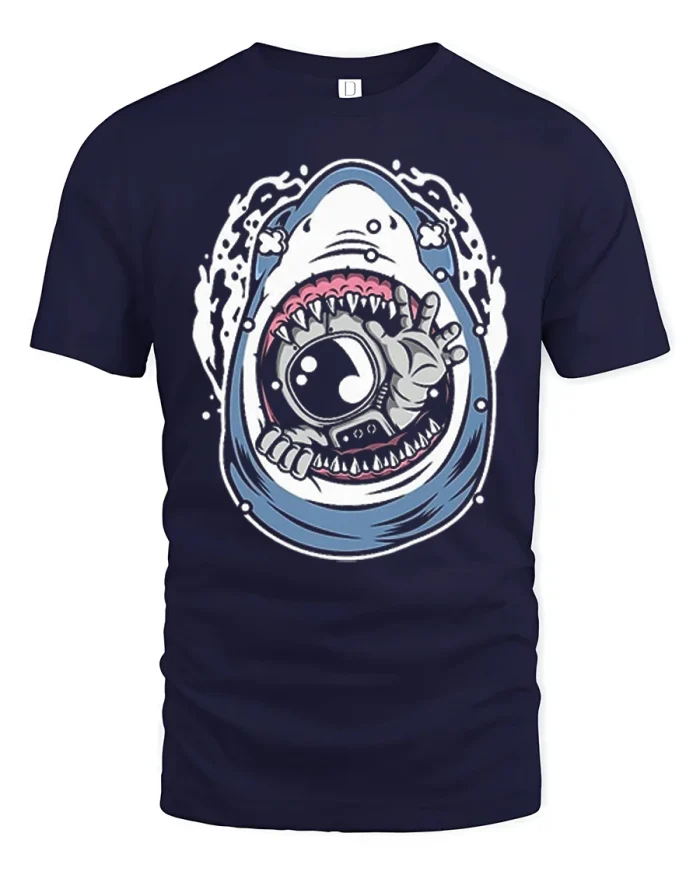 Funny Shark Camera Graphic T Shirt Cool Ocean Adventure Tee - navy t-shirt on white background