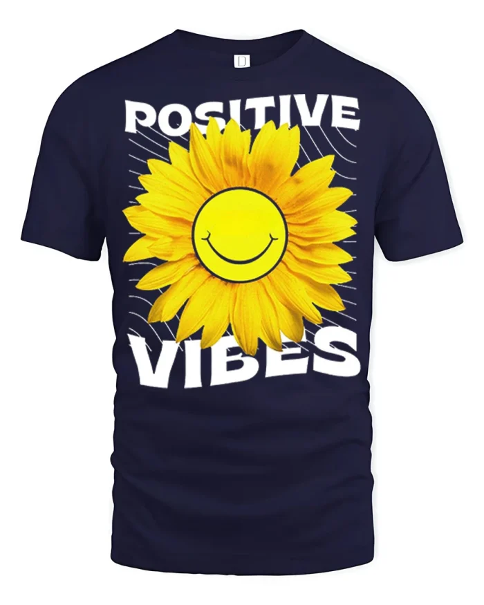 Positive Vibes Sunflower Smile Graphic T Shirt Happy Energy Style - navy t-shirt on white background