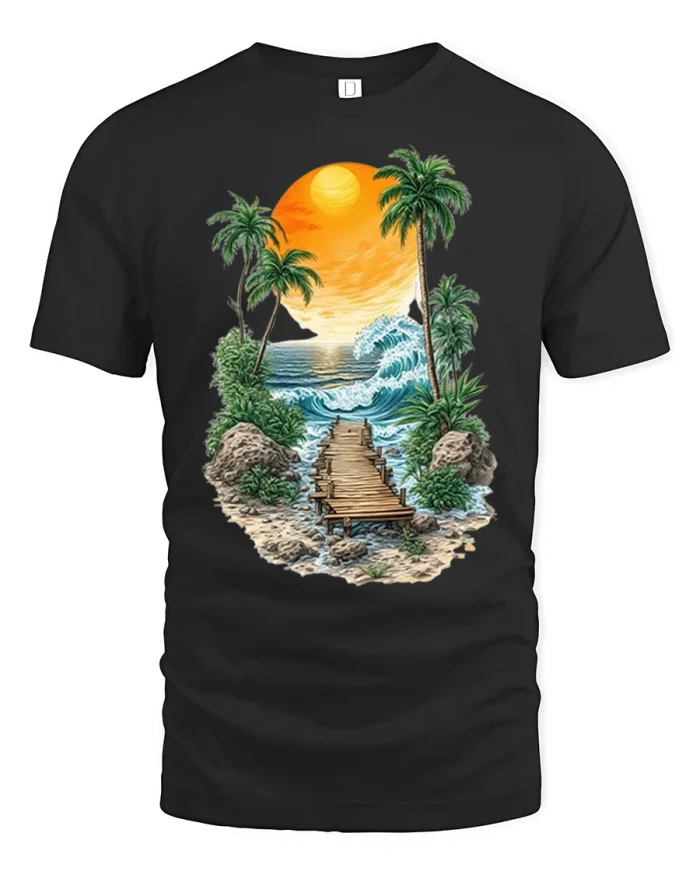 Tropical Sunset Island Beach Wooden Pier Graphic T Shirt Paradise Vibes - black t-shirt on white background