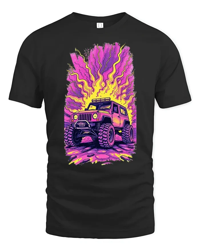 Neon Off Road Monster Truck Graphic T Shirt Retro Adventure Style - black t-shirt on white background