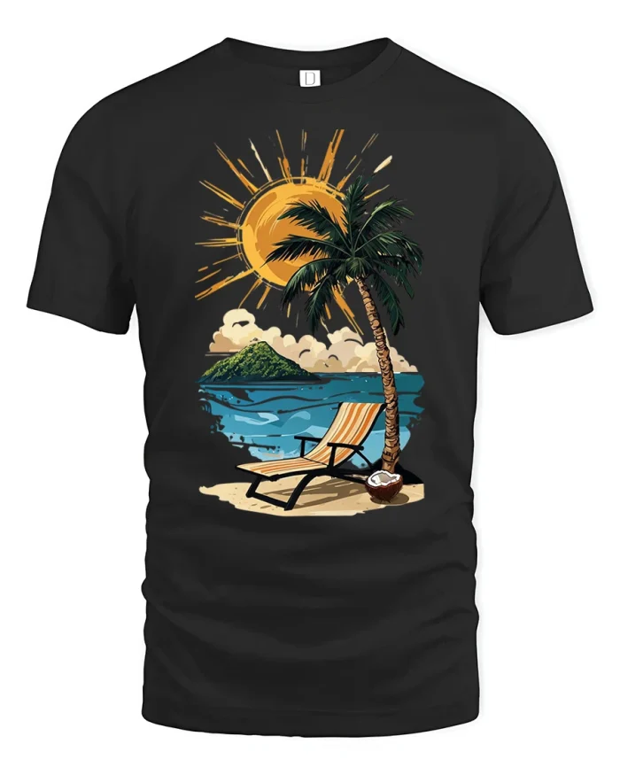 Tropical Sunset Beach T Shirt Relax Island Vibes Graphic - black t-shirt on white background