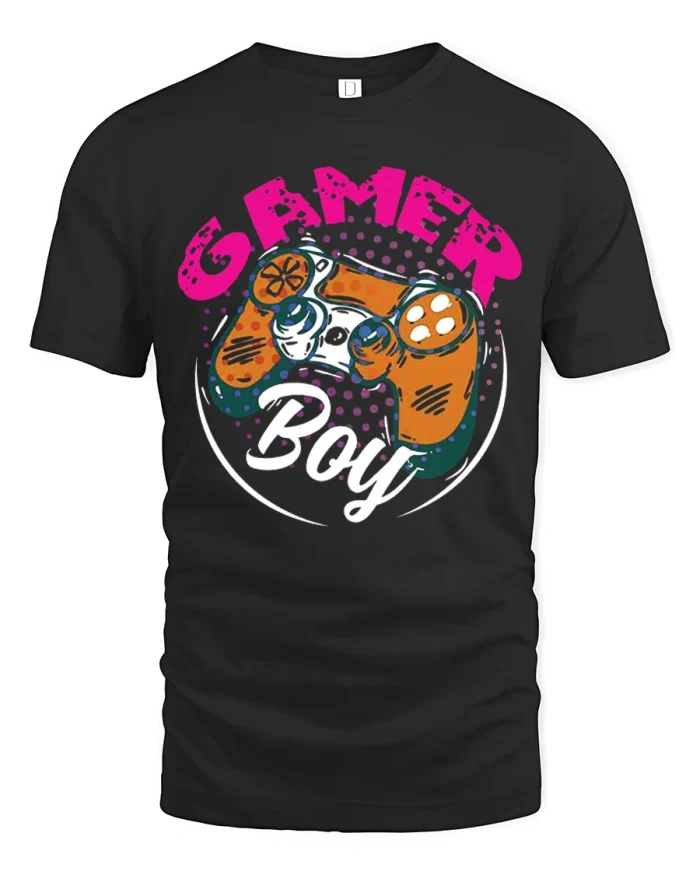 Gamer Boy T Shirt Retro Controller Graphic Fun Gaming Tee - black t-shirt on white background