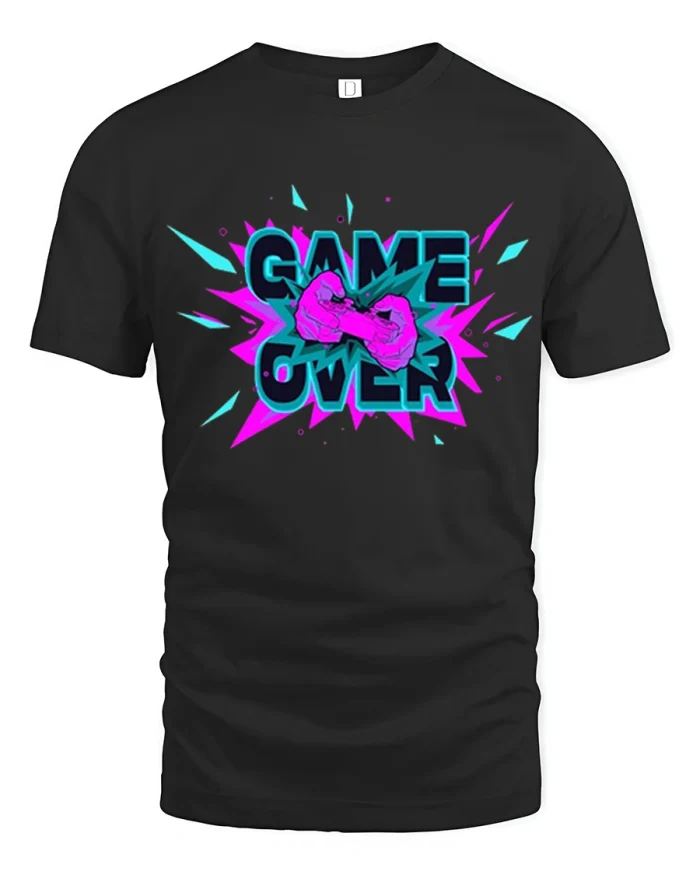Game Over Neon Gamer T Shirt Retro Arcade Style Graphic Tee - black t-shirt on white background