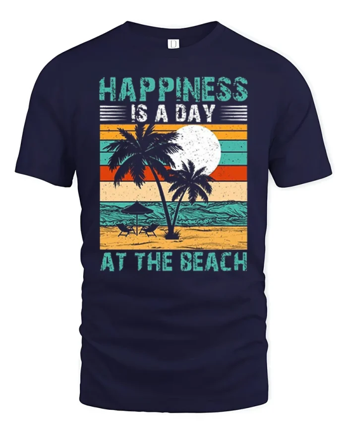 Happiness Is A Day At The Beach Graphic T Shirt Vintage Tee - navy t-shirt on white background
