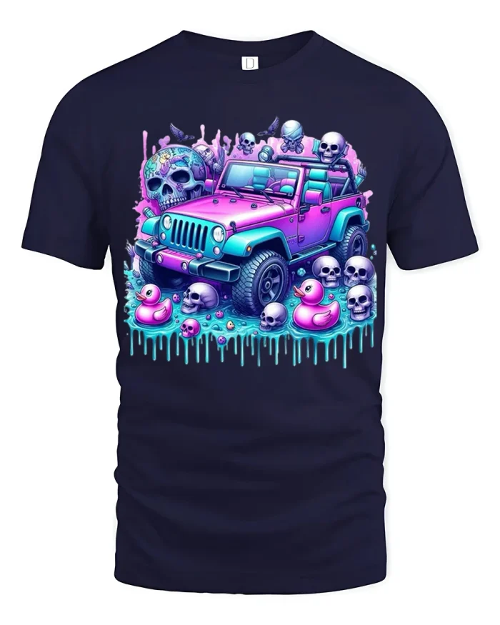 Funny Skull Jeep Graphic T Shirt Retro Gothic Adventure Tee - navy t-shirt on white background