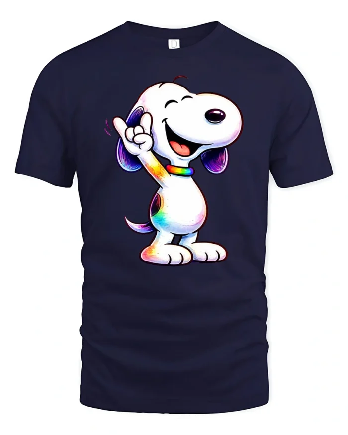 Snoopy Rainbow Peace Vibes Graphic T Shirt Fun Streetwear - navy t-shirt on white background
