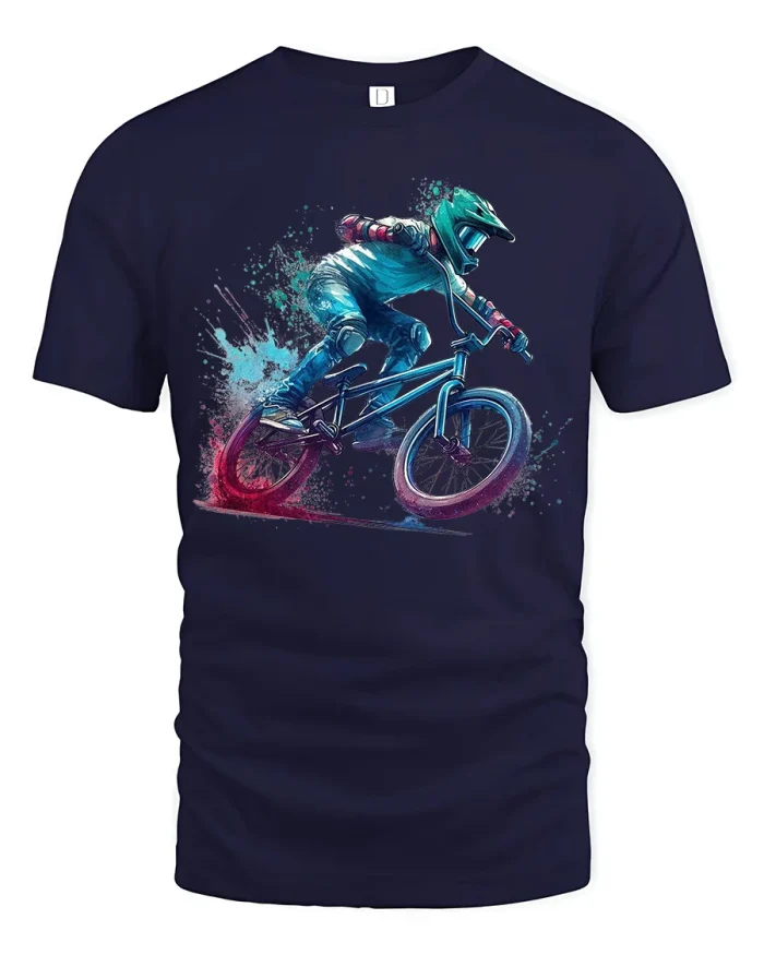 Neon BMX Rider Splash Art Graphic T Shirt Extreme Bike Energy - navy t-shirt on white background