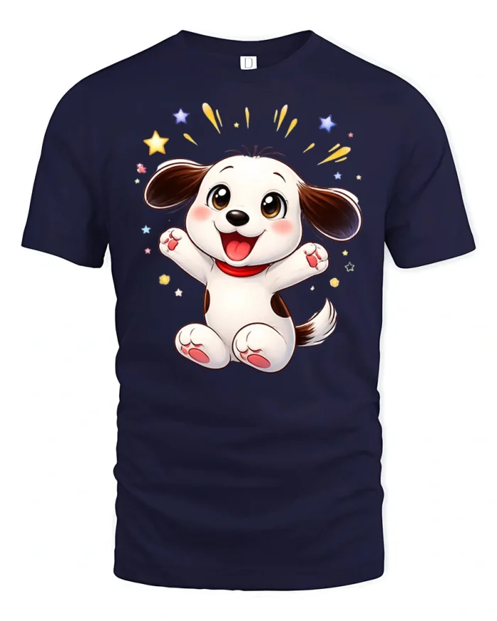 Happy Puppy Cartoon T Shirt Cute Dog Joyful Graphic Tee - navy t-shirt on white background
