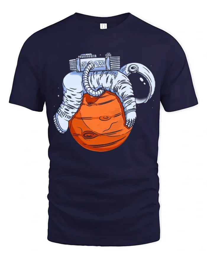 Relaxing Astronaut On Planet T Shirt Funny Space Chill Graphic Tee - navy t-shirt on white background