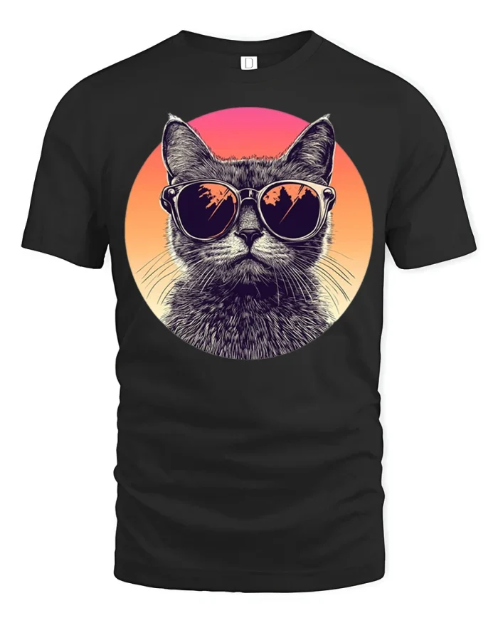 Cool Cat Sunglasses Retro Sunset Graphic T Shirt Funny Style - black t-shirt on white background