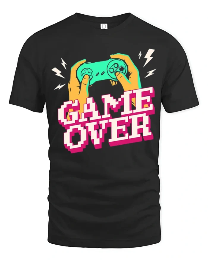 Game Over Retro Gamer Controller Funny Graphic T Shirt - black t-shirt on white background