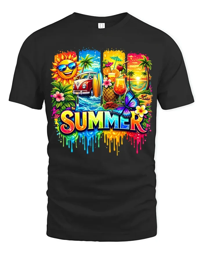 Summer Vacation Tropical Beach Graphic T Shirt Color Splash Style - black t-shirt on white background